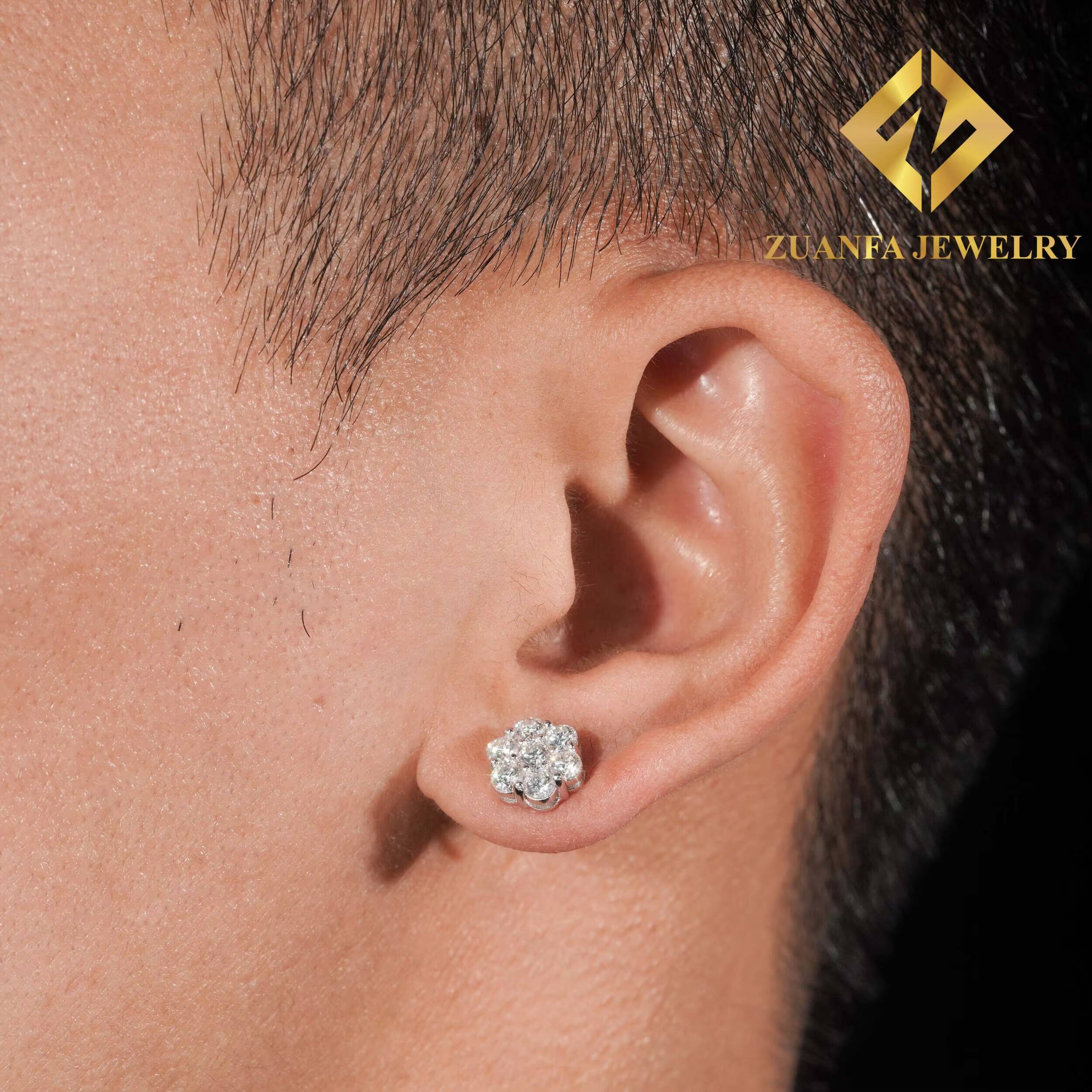 Wholesale Price Hip Hop Sun Flower Design Ice Out Moissanite Stud Earring 925 Sterling Silver Black VVS Moissanite Stud Earring