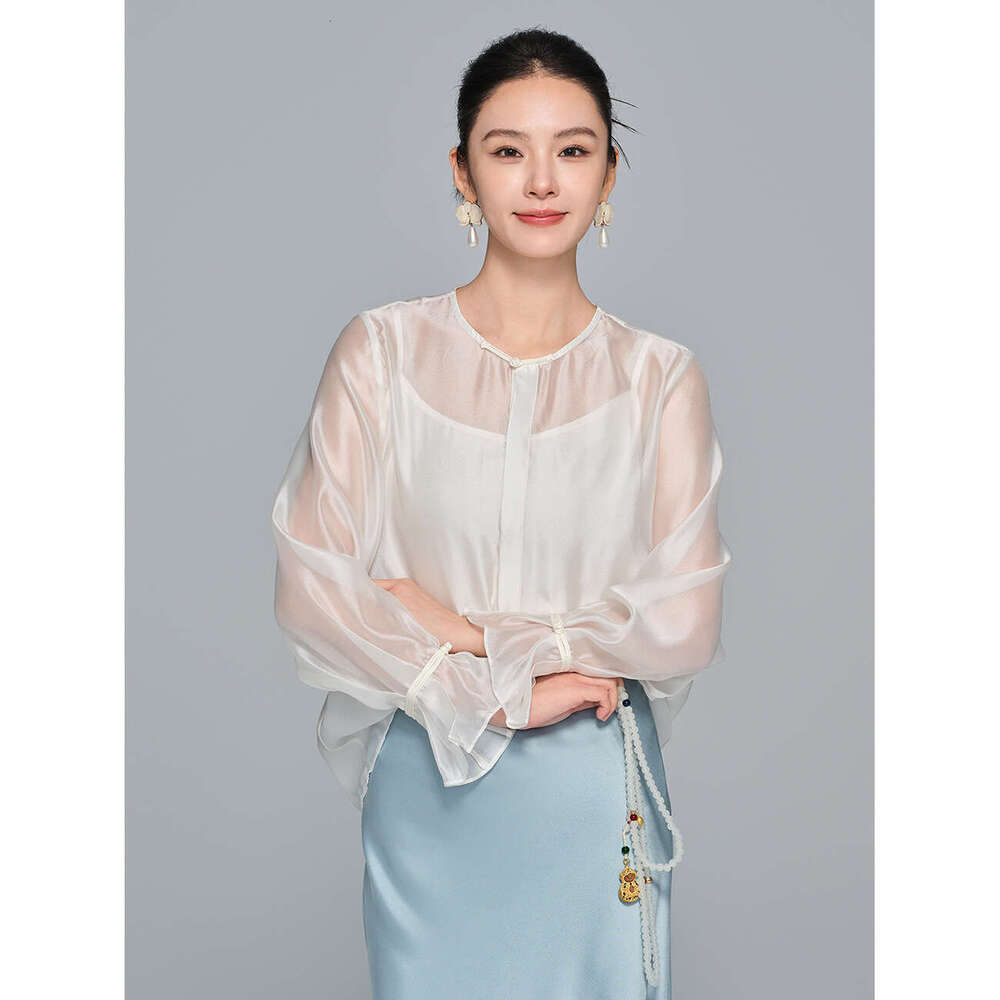 Zhihetang New Chinese Light National Style Soft Gauze Round Neck Long Sleeve Women's Autumn High-End Versatile Top LEEGO LENS