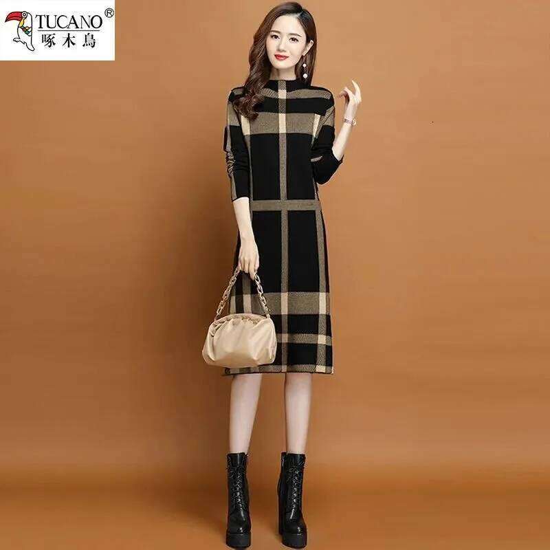 2025 Autumn/Winter New Knitted Dress Over Knee, Half High Neck, Loose Coat, Woolen Dress, Medium to Long Style Pullover Sweater XJ260130