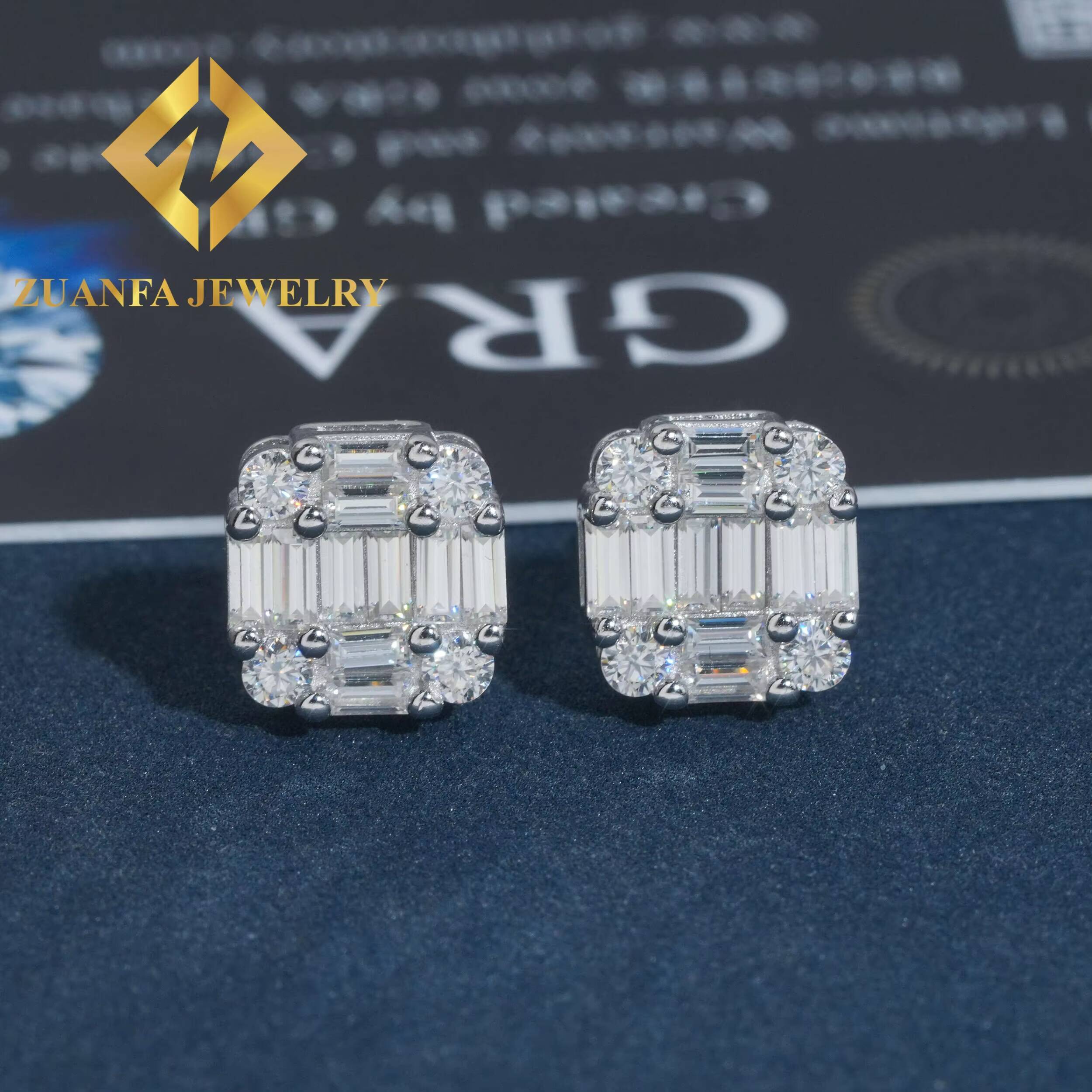 Wholesale Price GRA Certificates Square Shape Stud Earring Hip Hop 925 Sterling Silver baguette Moissanite Luxury Stud Earring