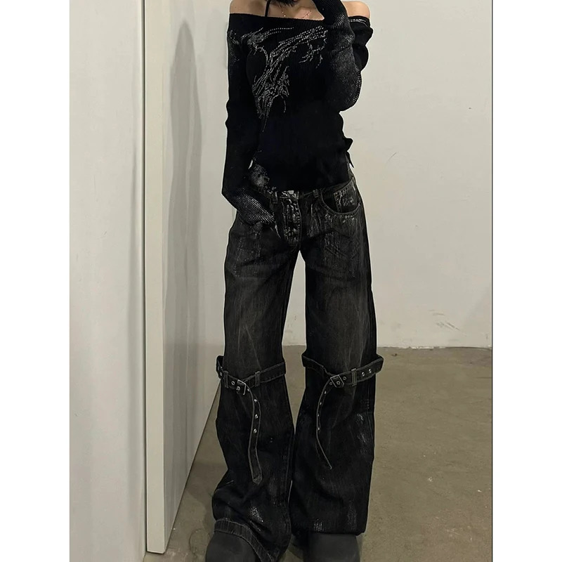 Black Womens Jeans High Waist Hip Hop Straight Fashion Pants Streetwear Harajuku Y2K Star Female Wide Leg Denim Trouser 260126
