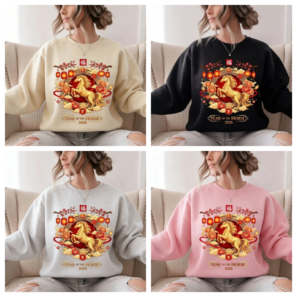 2026 Year of The Horse Women Unisex Sweatshirt Chinese New Year Sweater Chinese Horse Sweatshirt Winter Warm Pullover Clothes