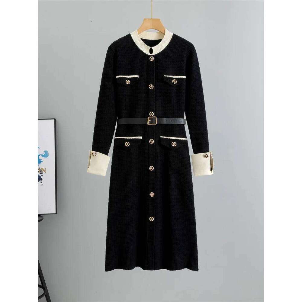 Elegant Fashion A-lined Knit Dress Women O-neck Knitwears Long Sleeve Vestidos Korean Design Slim Mid Length Dresses With Belt XJ260130