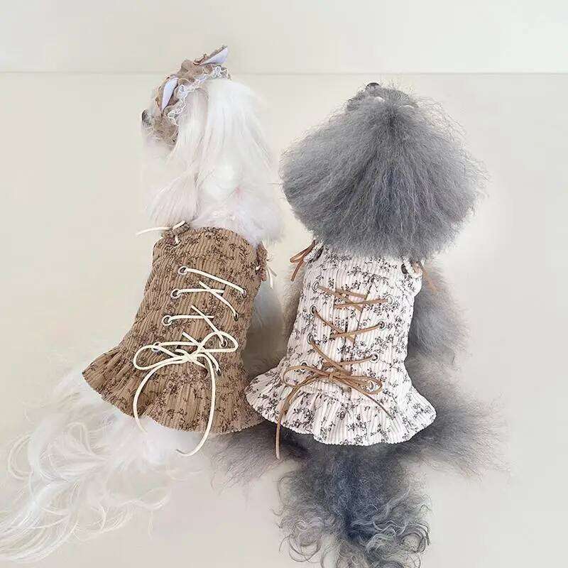 Retro Khaki Beige Princess For Small Medium Plush Cotton Bandage Strap Dress Puppy Dog Overalls Chihuahua Pet Clothes H260129