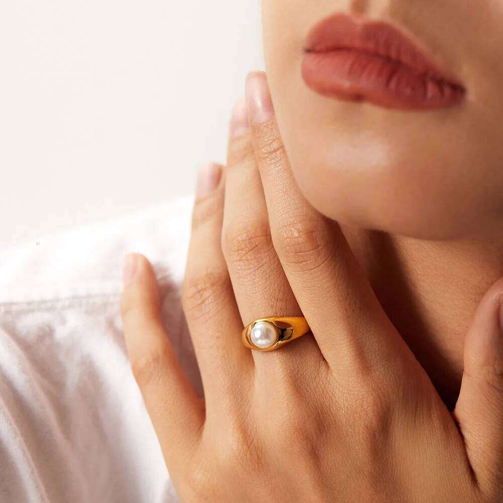 VQYSKO Chic Single Pearl Chunky Stacking Finger Ring Simple Minimalist Couple Anniversary Jewelry XJ260130
