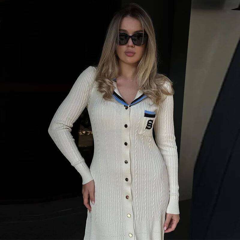 Contrast Knitted Dress Women Elegant Embroidery Lapel Long Sleeve Midi Dresses 2024 Autumn Winter Casual Single Breasted Vestido XJ260130