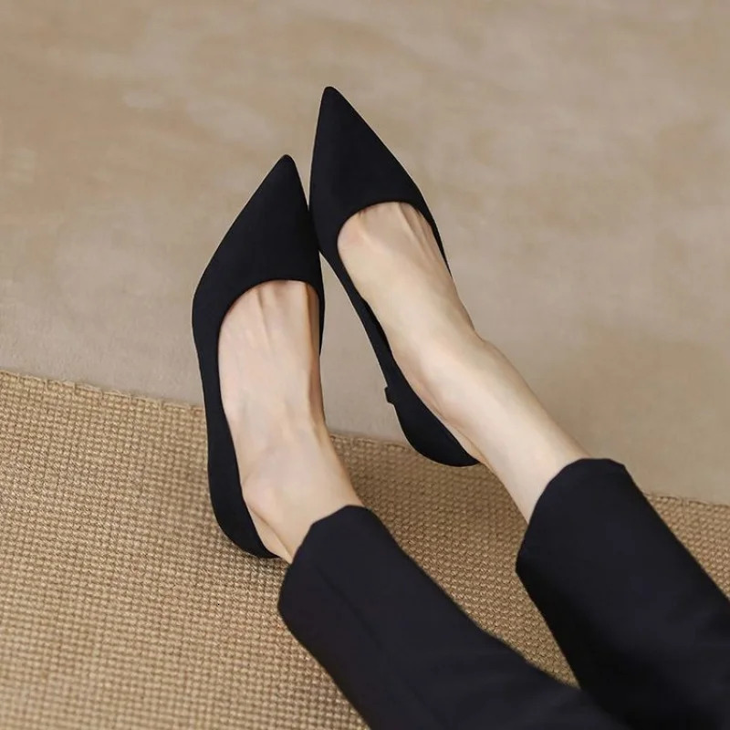 Spring/Autumn Womens Suede Pointed Toe Stiletto Flats - Black Shallow-Cut Work Shoes Fashion Elegant High Heels 260123