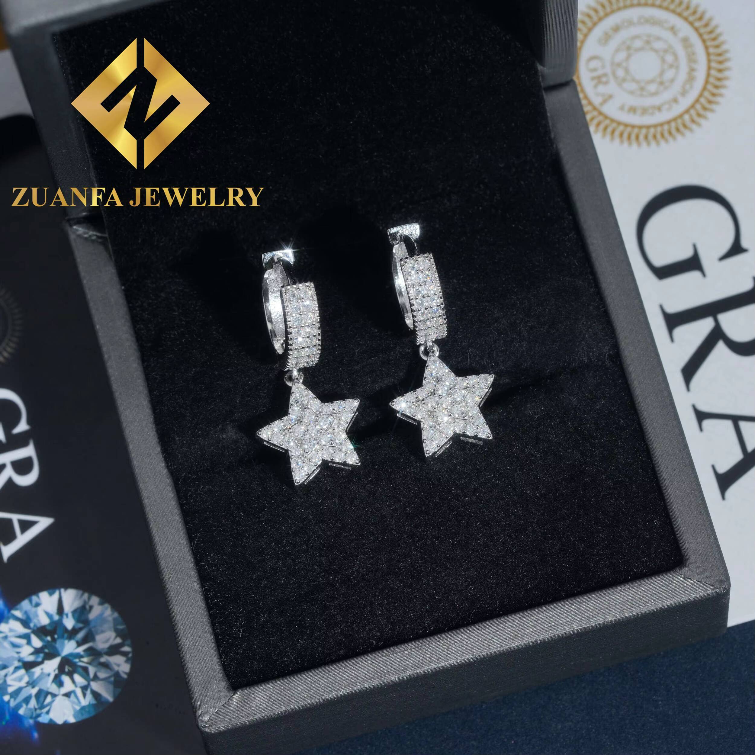 925 Sterling Silver VVS Moissanite Five-pointed Star Hoops Hip Hop Fashion Cross Design Hoop Earring for Women Men