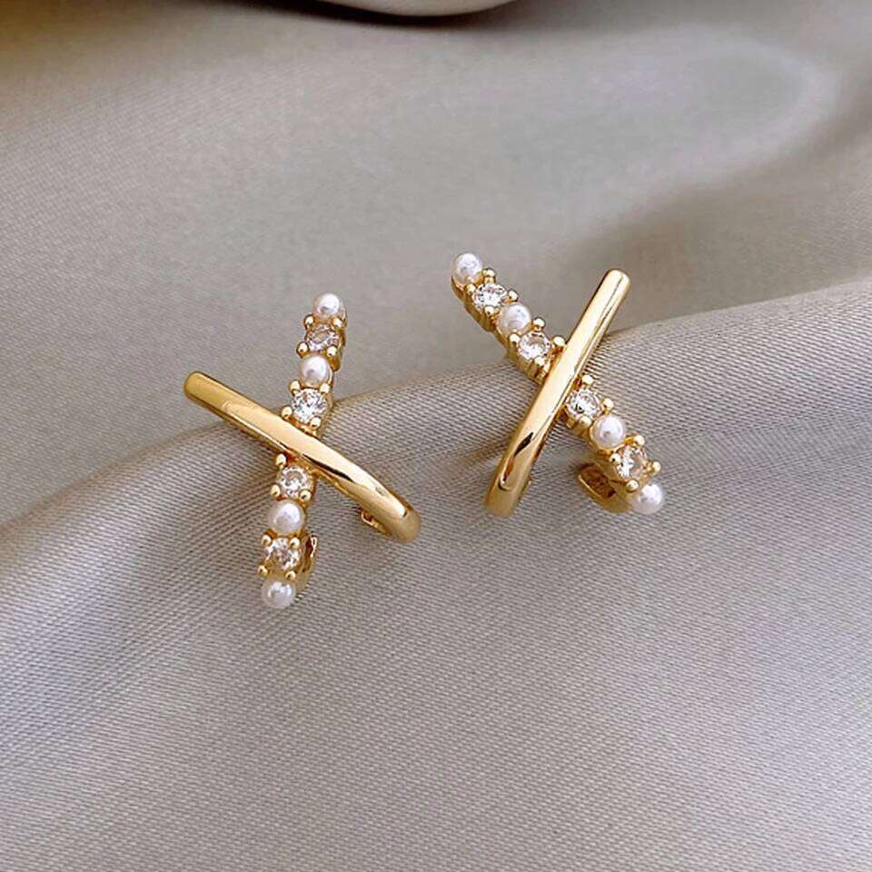 Cross Shaped Pearl And Diamond Stud Earrings: Fashionable Jewelry Earrings Exquisite Feminine Sophisticated Light Luxury Women's Design Silver St