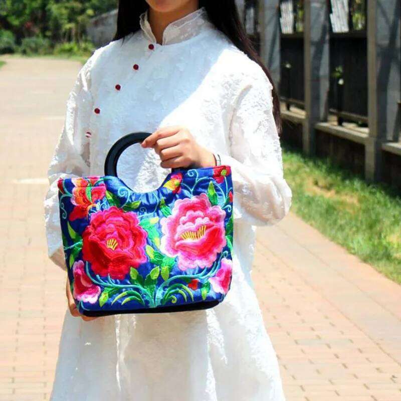 Women S Ethnic Embroidery Top Handle Bag Portable Canvas Floral Cloth Carrying Bags Chinese National Style KABAHEBINGJUE