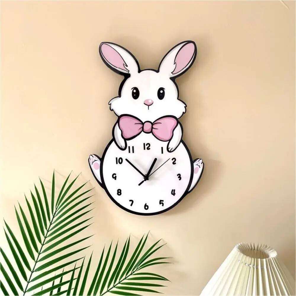 Creative Cute Little White Rabbit Hanging Decorative Cartoon Silent Digital Wall Clock Kids Room W260130