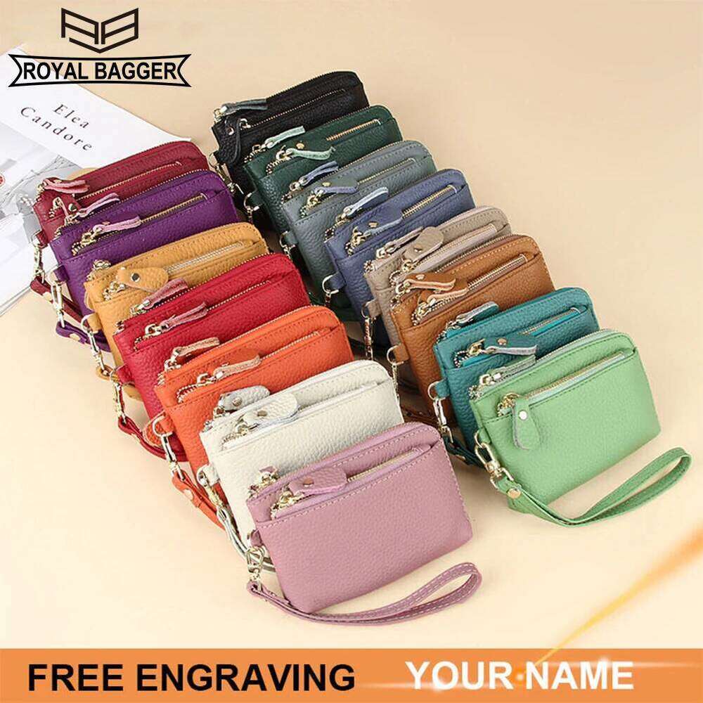 Royal Bagger Fashion Short Wallet for Women Genuine Cow Leather Cute Clutch Bag Zipper Coin Purse Card Holder with Key Chain Z260130