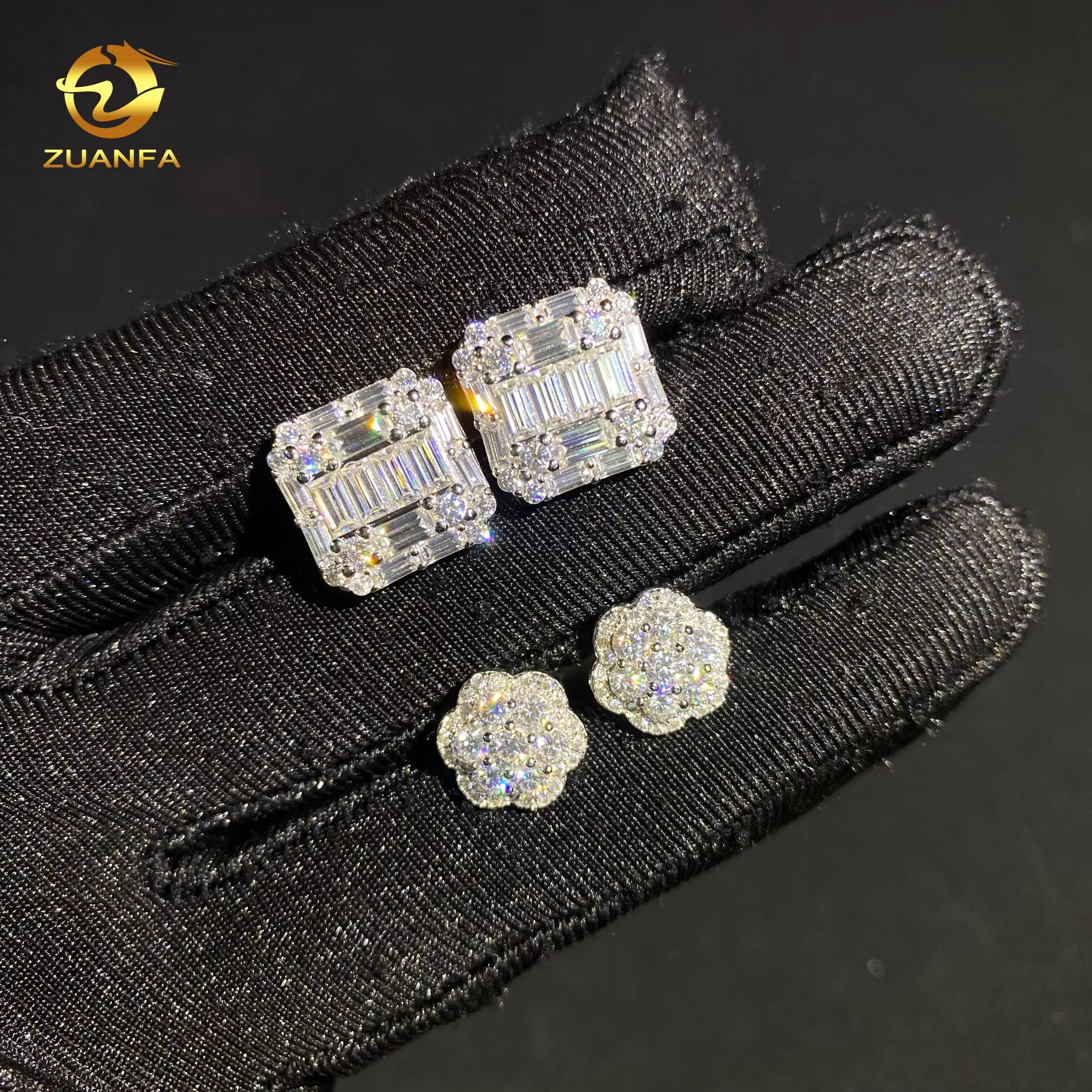 Fashion Hip Hop Jewelry Baguette Iced Out Ear Stud VVS D Moissanite Diamond 925 Silver Flower Stud Earrings GRA Certificate