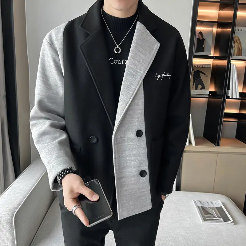 Color Blocking Short Windbreaker Jacket for Mens Casual Loose Mens Top Spring and Autumn Trendy Woolen Jacket 260122