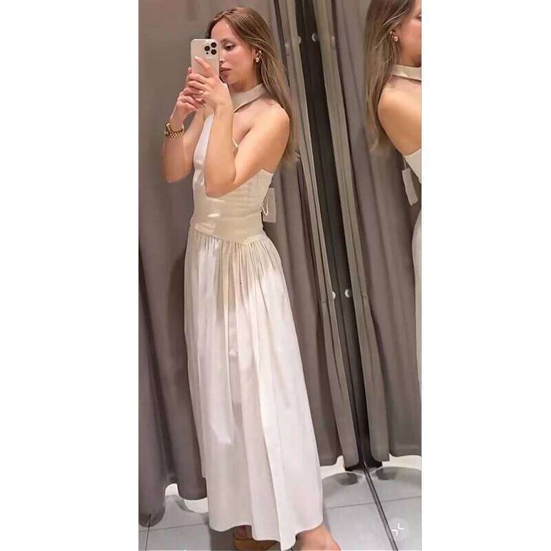 Dresses Summer Women's 2025 New Chic Elastic Slim Elegant Hanging Neck Long Women Street Fashion Youth Holiday Dress XJ260130