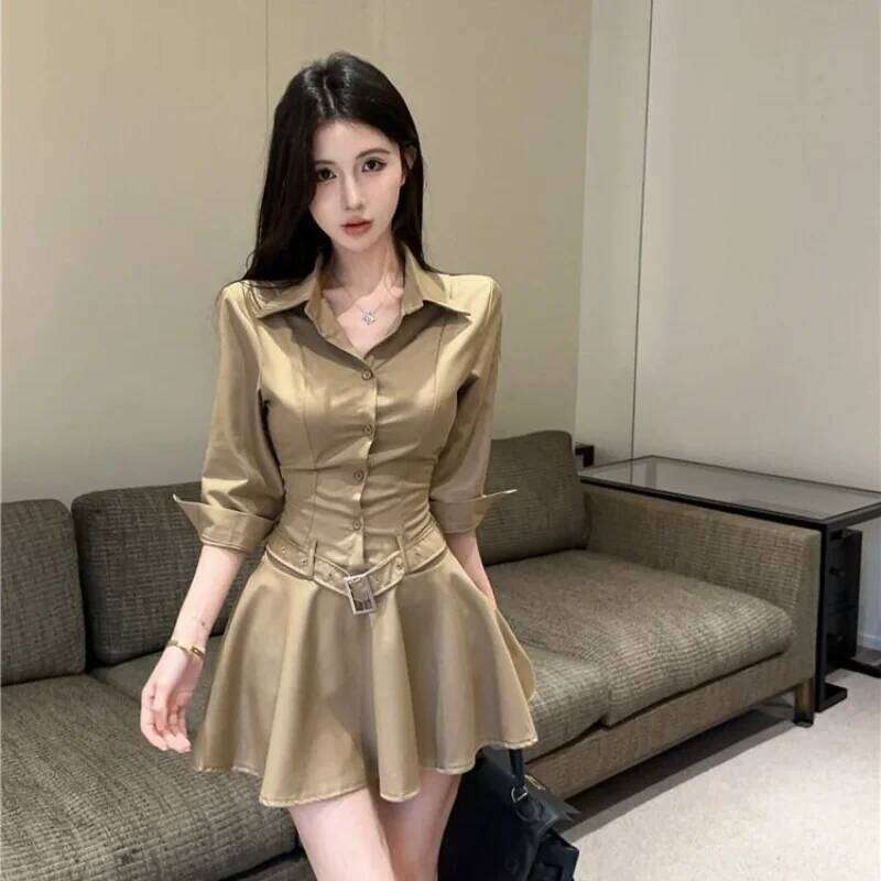 Stylish Hot Girl ollar Three Quarter Sleeve Single Breasted Waist Shirt Design Slimming Dress XJ260130