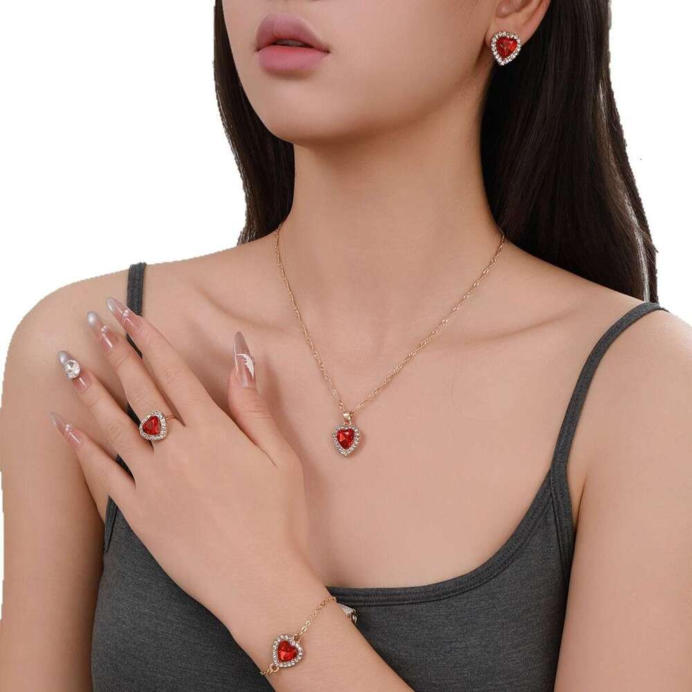 jewelry woman designer European and American Heart Jewelry Set Cross-Border Fashion Inlaid Heart-Shaped Zircon Pendant Necklace Bracelet Earrings Ring
