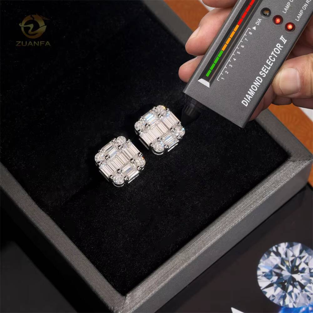 Pass Diamond Tester High Quality Baguette Diamond Design 925 Sterling Silver White Gold Moissanite Earrings