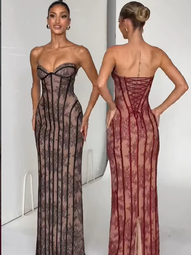 Chic Gauze Fishbone Strapless Dress Women Backless Offshoulder Waist Cinching Slim Maxi Vestidos 2026 Lady Evening Party Gowns 260127