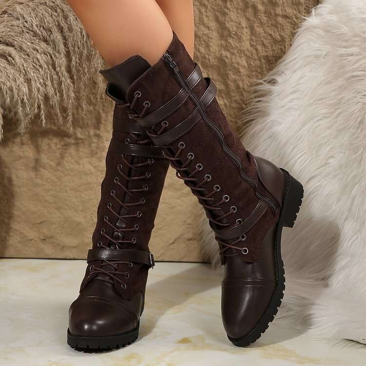 Large Size Belt Buckle Long Tube Riding for Women, New Autumn Round Toe Chunky Heel Lace-up Leather Boots