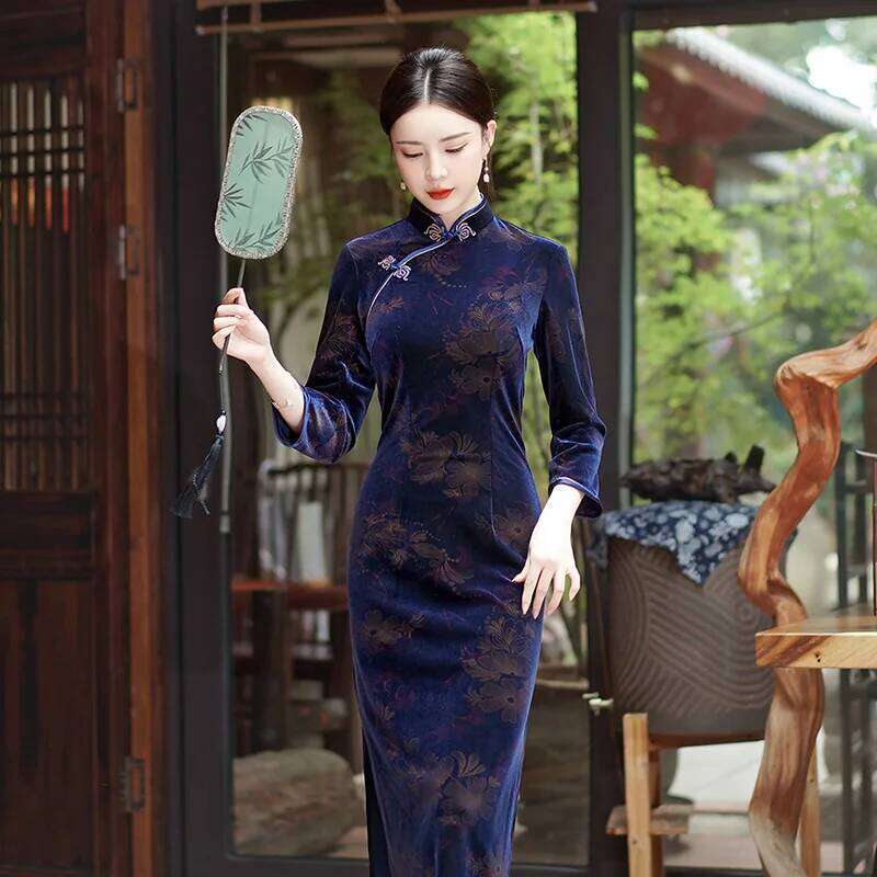 Women Flocking Cheongsam Improved Winter Plus Size Dress Chinese Style Evening Dresses Show Long Qipao Costume 4 Color