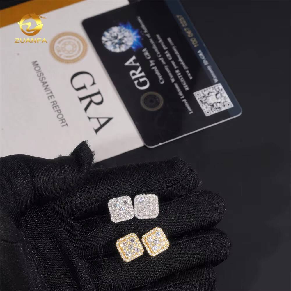 Hip Hop Luxury High Quality VVS Diamond Square Iced Out Mens 925 Silver Moissanite Earrings