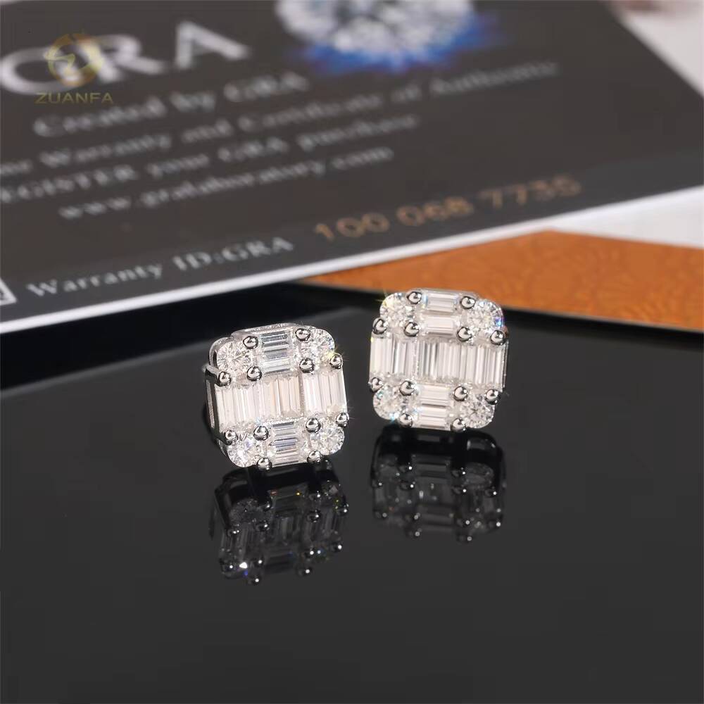 Pass Diamond Tester High Quality Baguette Diamond Design 925 Sterling Silver White Gold Moissanite Earrings