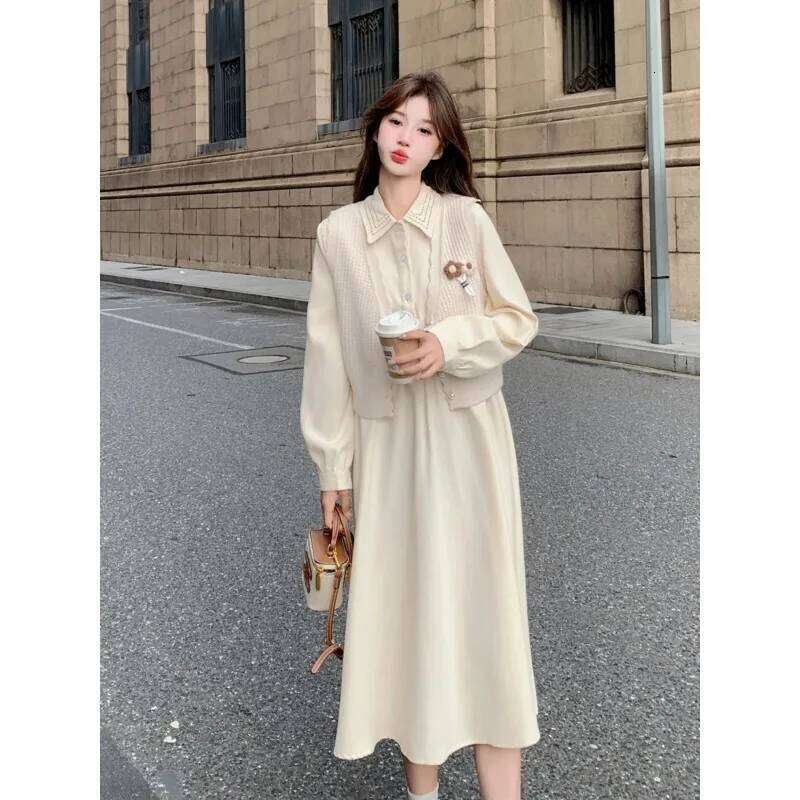 Collar Suit Spring and Autumn Women's New College Style Knitted Vest Dress Two-piece Set XJ260130