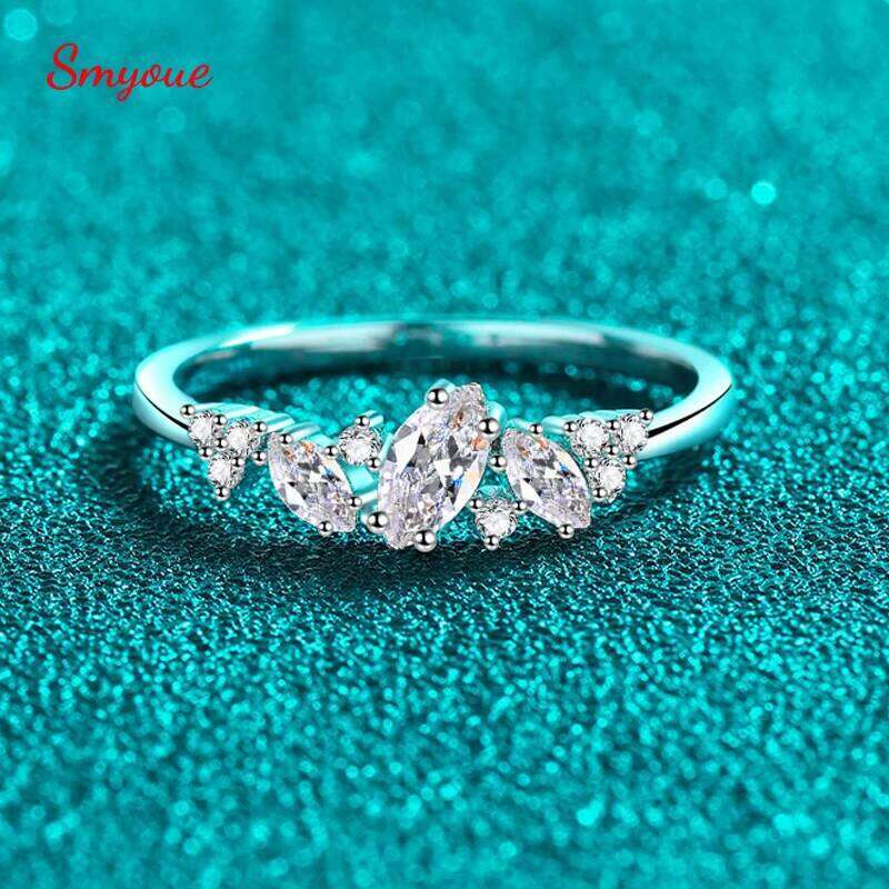 Smyoue 0.58cttw Marquise Cut Weeding Moissanite Rings for Women Double Halo High Quality 925 Sterling Silver Half Eternity Band XJ260130