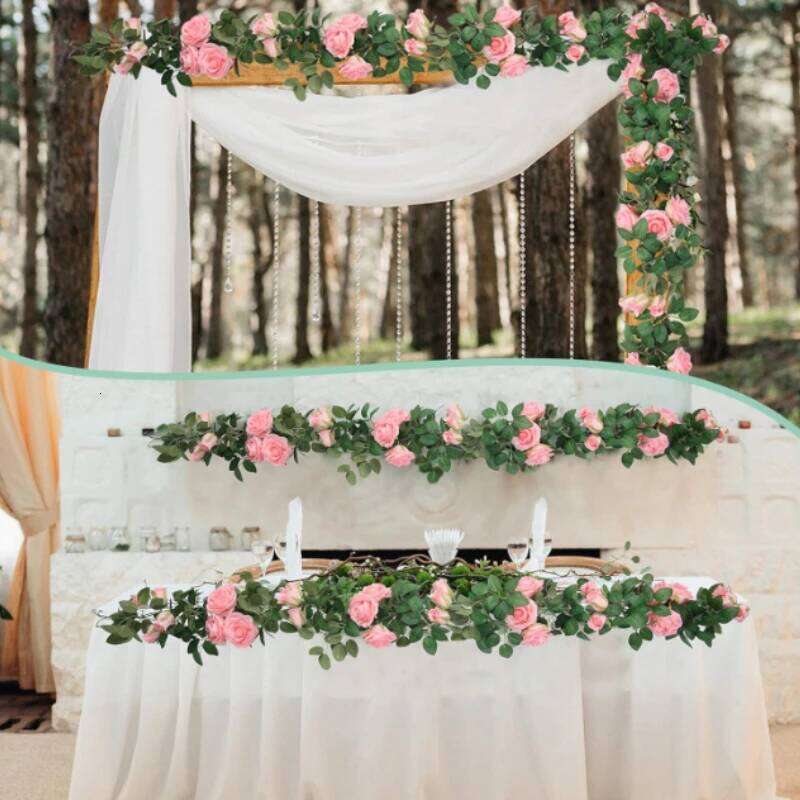 200CM 9heads Artificial Pink Rose Vine Wreath Fake Flowers Hanging Silk Garland for Home Wedding Party Arched Wall Decorations Y260130