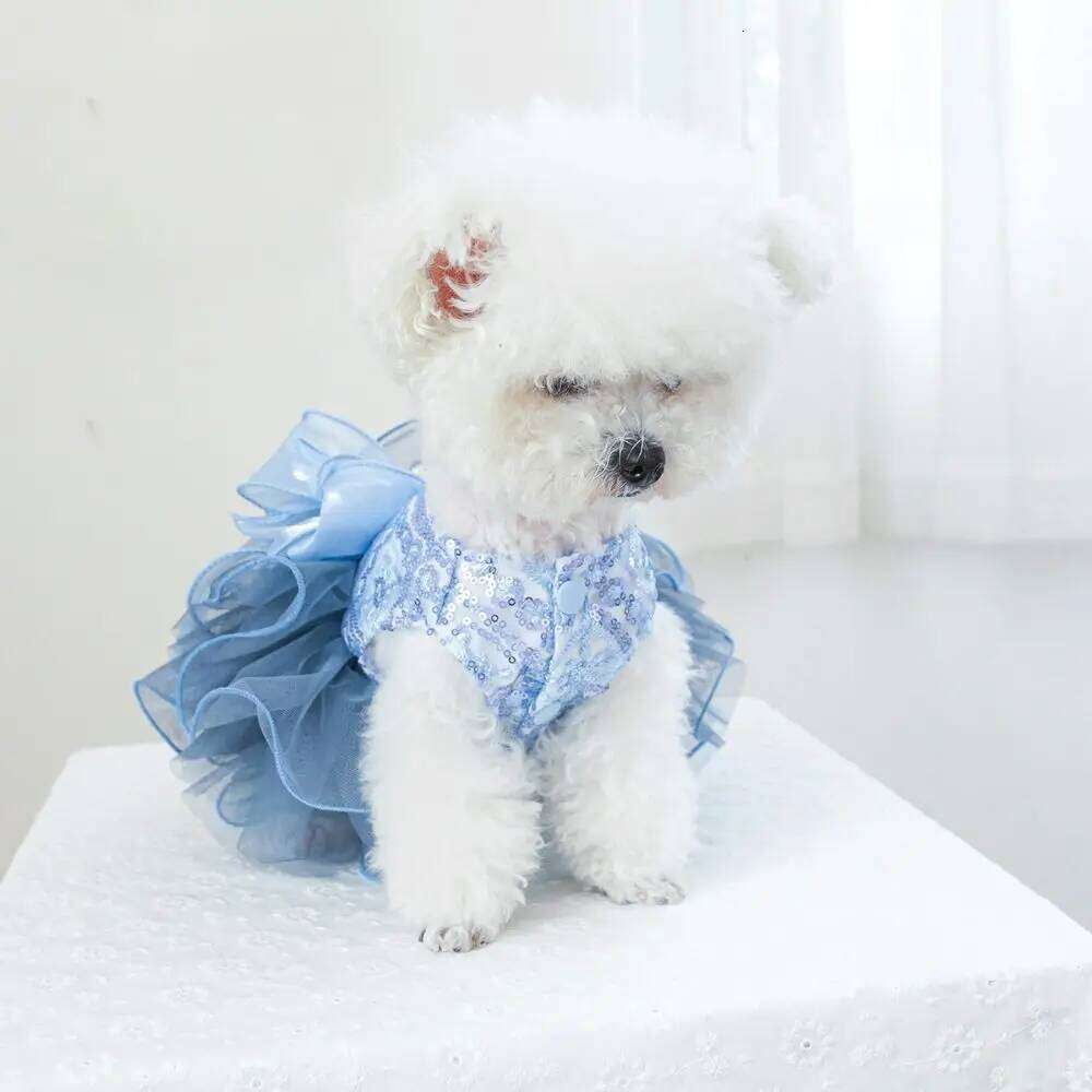 Fashion Fluffy Pet Princess Soft Blue Puppy Fairy Skirt Big Bow Breathable Cat Dog Wedding Dress Photograph Prop H260130