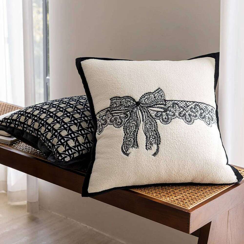 Luxury Black Sofa Cushion Cover Bow Embroidery Pillow Case Plaid Jacquard Pillowcase for Home Bed Living Room Decoration