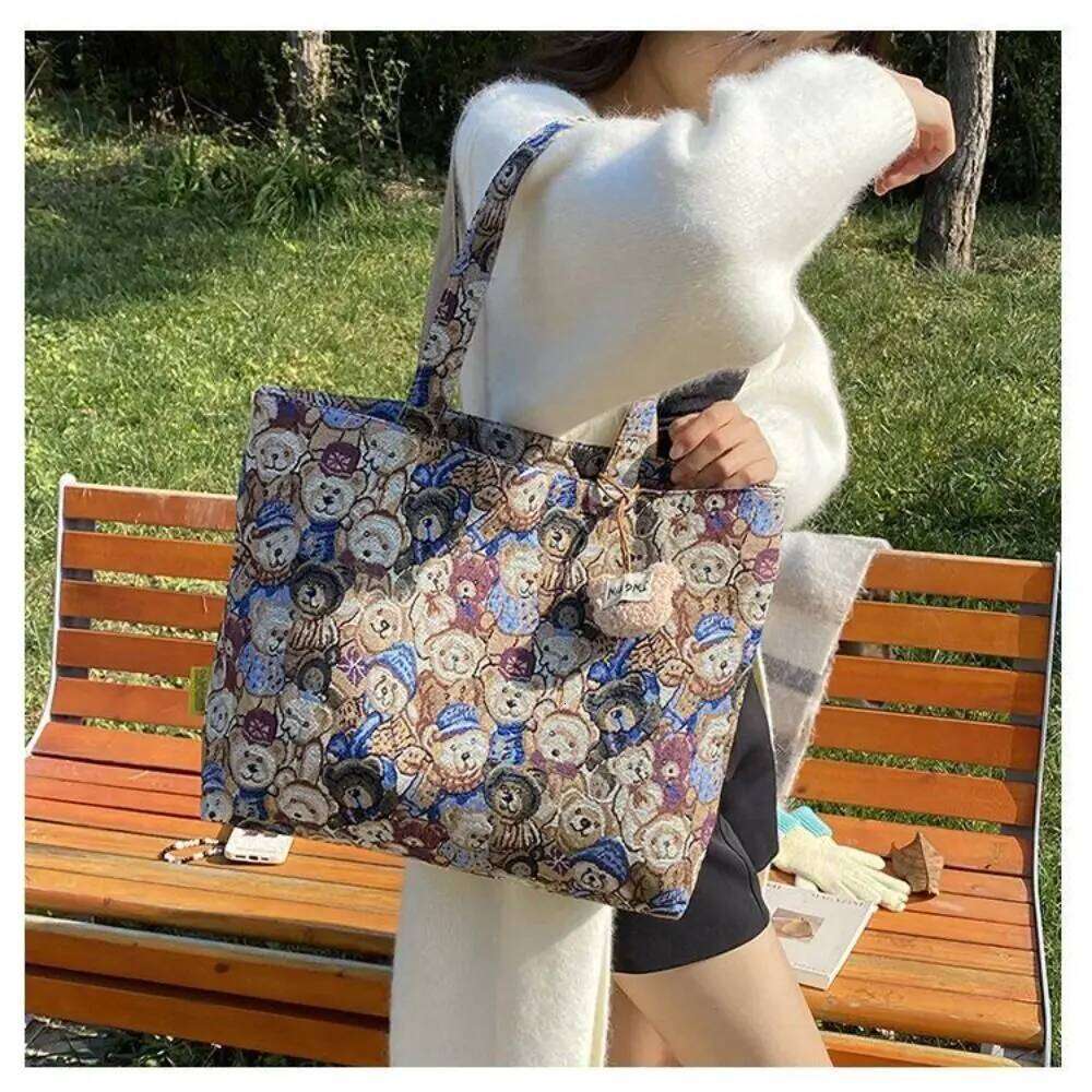 New Portable Cartoon Bear Pattern Large Capacity Casual Tote Handbag Student Shoulder Bag Z260130