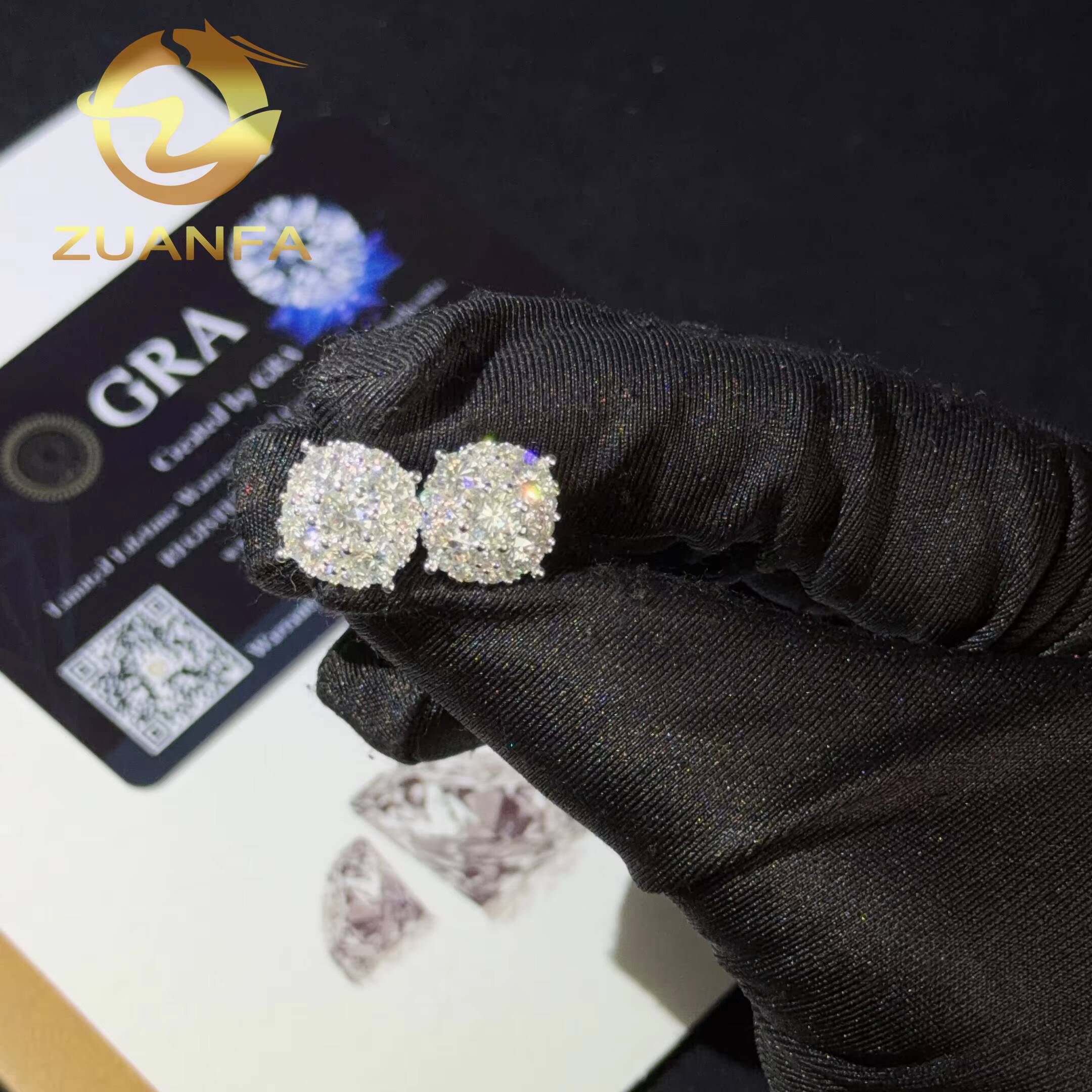 Wholesale Price 12mm Cluster Round Cut Moissanite Earrings Screw Back 925 Silver Hip Hop Earrings Cluster Earrings Men