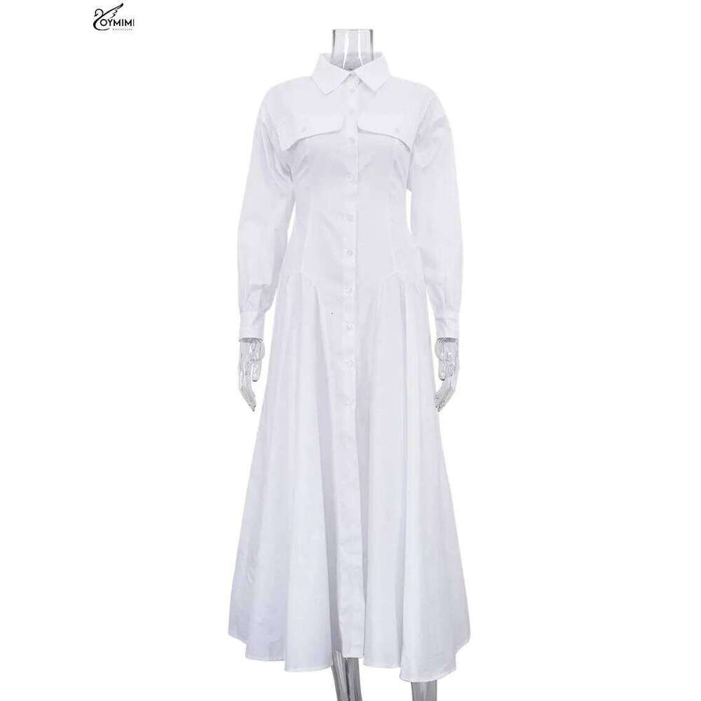 Oymimi Elegant White Lapel Women's Dress Fashion Three Quarter Sleeve Pockets Casual Button Pleated Ankle-Length Dresses XJ260130