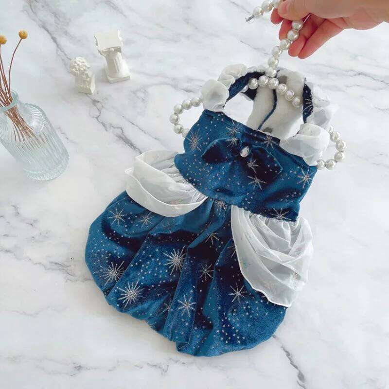 Ins Deep Blue Starry Autumn/Winter Warm Cat Clothes Velvet Princess Thick Dog Skirt Puppy Dresses Pet Clothing H260129