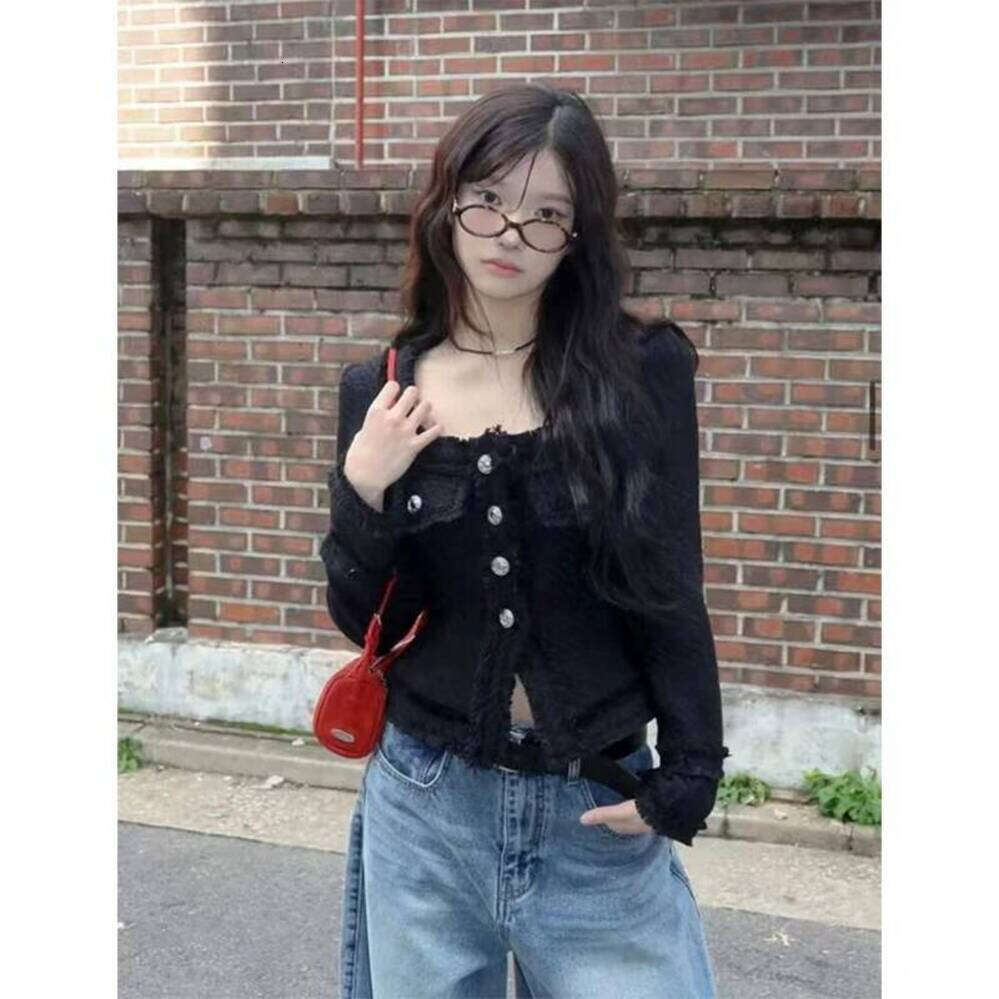 ZHE HAN Cropped Tweed Jacket Women Vintage Tassel Patchwork Black Coats Autumn Korean Elegant Square Collar Long Sleeve Outerwears