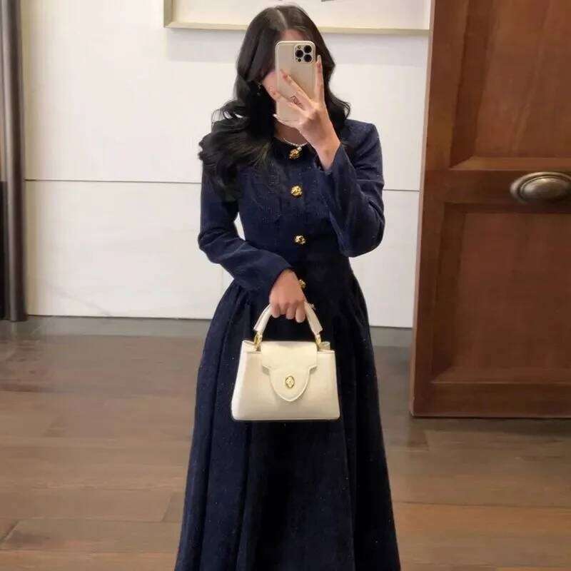 High-end Round Neck Dress for Women Autumn Temperament Waisted Casual Solid Color Buttons Pleated Inner Long Skirt XJ260130