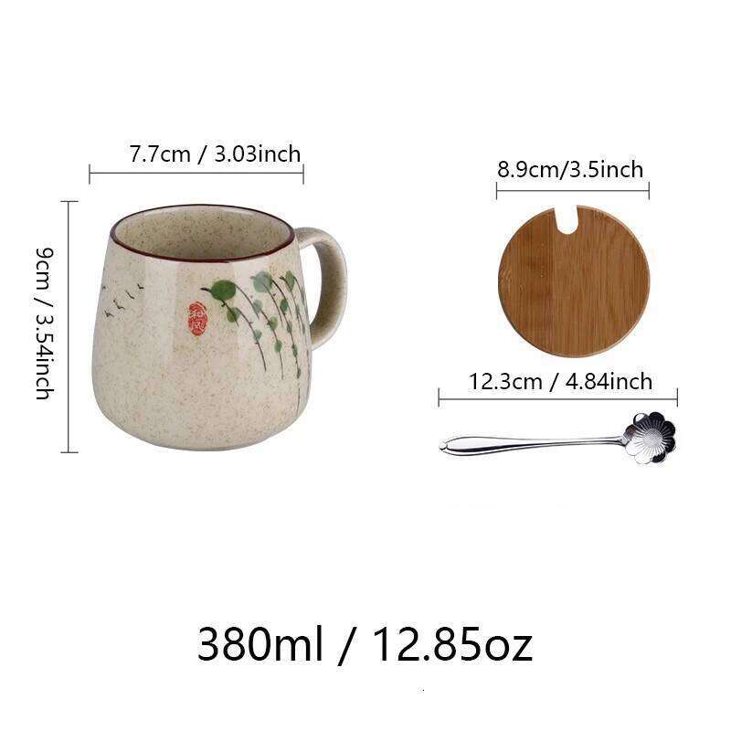 350ml Japanese Retro Ceramic Coffee With Lid And Spoon Milk Breakfast Cups Home Heat-resistant Teacup Tumbler Water Mug Gift