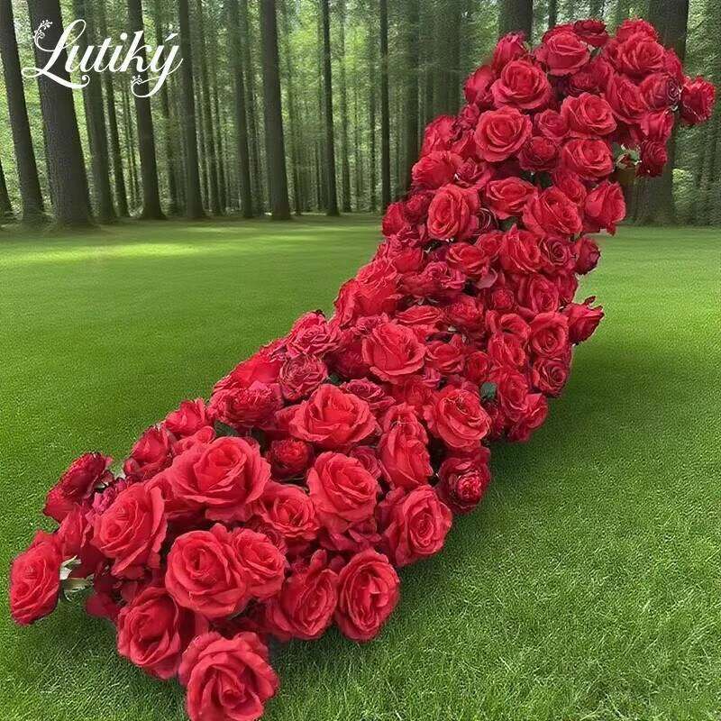 pink Artificial Flower Row Long Runner Red White Rose Wedding Backdrop Decor Floral Arrangement Props Table Centerpiece Y260130