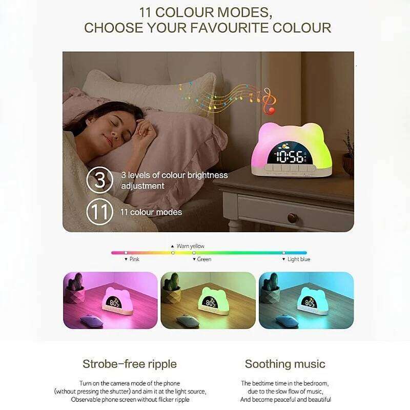 Powered Digital with 11 Colors Ambient Light 2 Alarm Night Mode 12/24H USB Output Charging Port Table LED Clock W260130