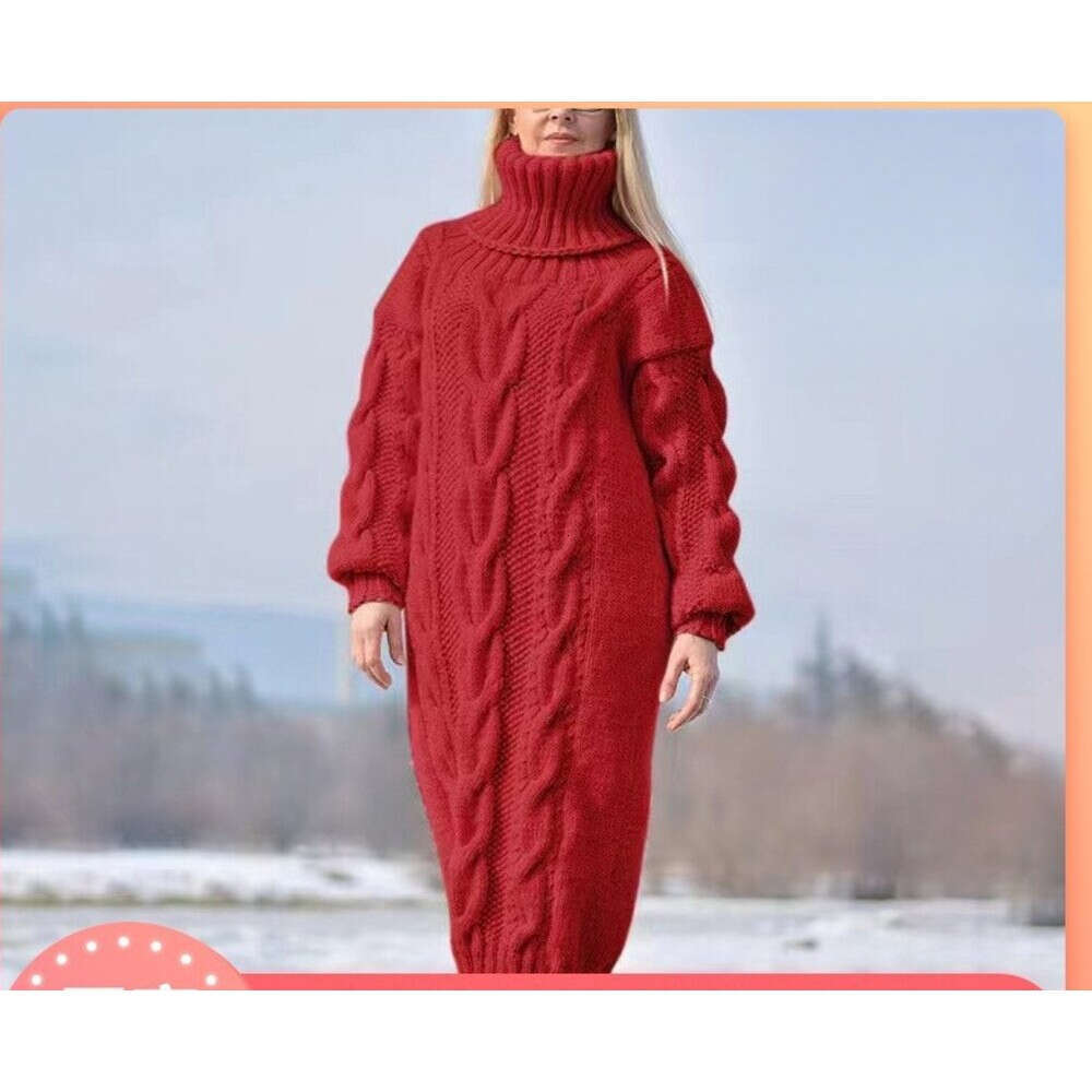 Cross-Border Amazon European and American Autumn Winter New Long High Neck Loose Cable Knit Solid Color Elegant Sweater for Women Casual