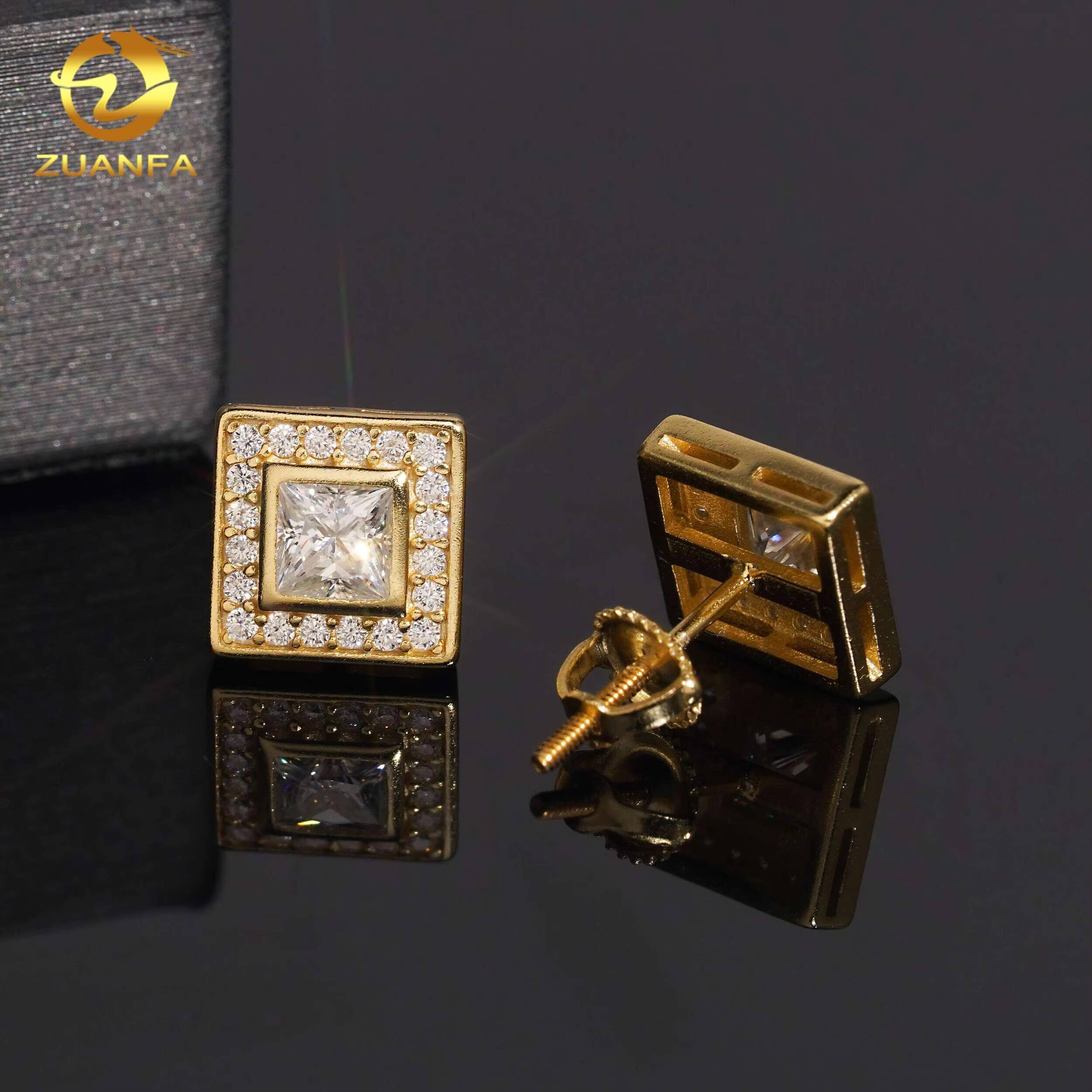 Hip Hop Jewelry Square Iced Out Halo Moissanite Earrings Screw Back Stud Earrings 925 Silver Hip Hop Earrings Ready to Ship