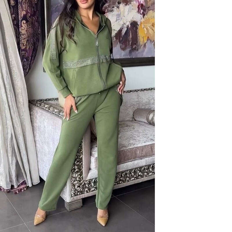 Women Sport Leisure Suit Fall Fashion Diamonds Patchwork Piece Sets Casual Zipper Hooded Sweatshirt Coat Long Pants Women Outfit Winter Sportswear Sui