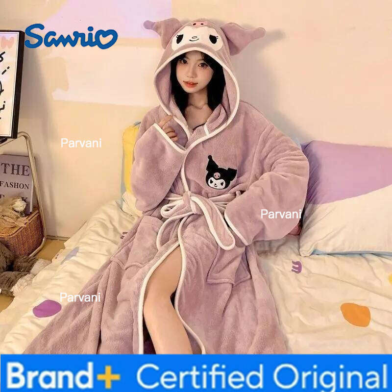 Sanrio Anime ed Pajamas Women Kuromi Cinnamoroll Hooded Bathrobe Kawaii My Melody Cotton Thickened Cute Cartoon Sleeprobe Girls H260130