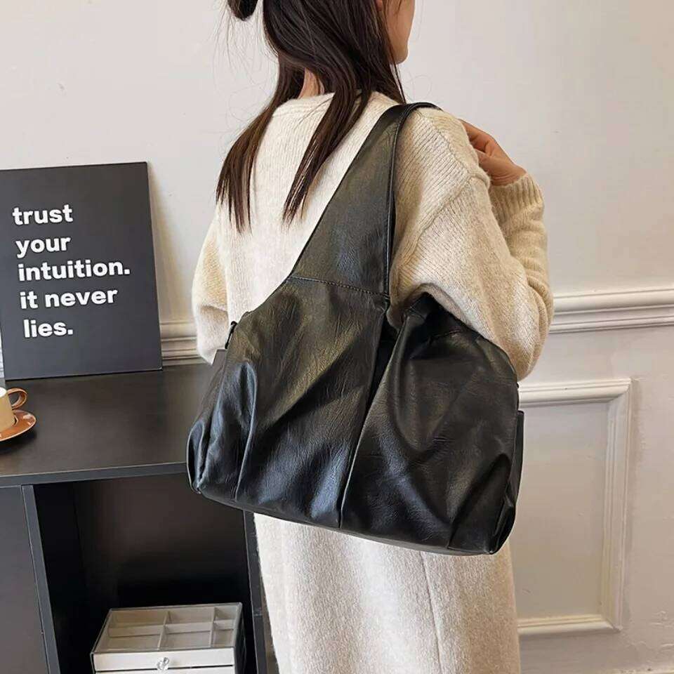 Big Black Large Hobo Shopper Capacity Pu Leather Shoulder Solid Color Simple Fashion Commuter Bag Retro Travel Tote Handbags Z260130