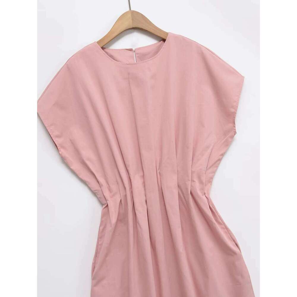 2025 Summer New Women's Clothing Round Neck Pleated Decorative Short Sleeve Slim Long Skirt Midi Dress XJ260130