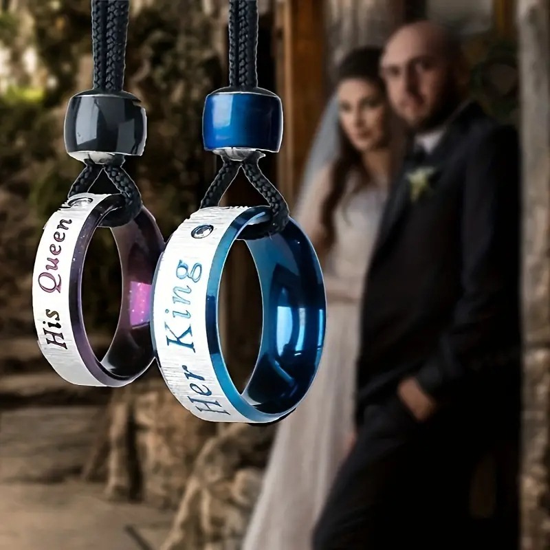 Exclusive Creative New Product Color-Changing Round Bead Blue King Purple Diamond Queen Couple Rings Necklace