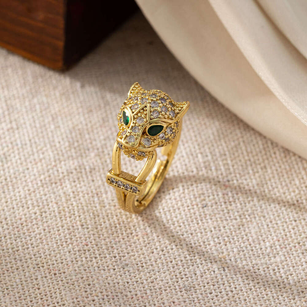 Zircon Fashion Leopard Head Ring Brass-Plated Gold Open Ring Unisex Hip-Hop Style Ring Hand Accessory