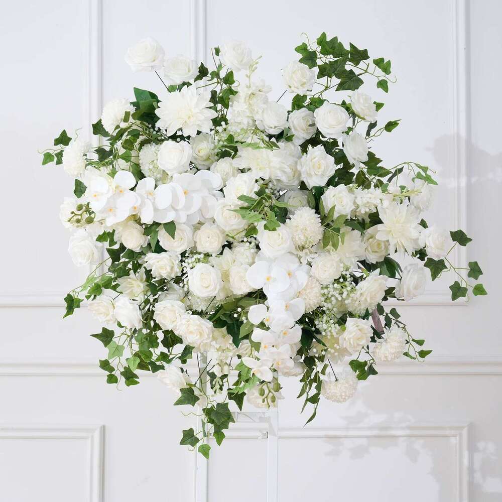 HMEOT H9050 Wedding Hanging Decor White Rose Babysbreath Green Plant Ivy Flower Row Ceremony Floral Centerpiece Balls for Table W260130